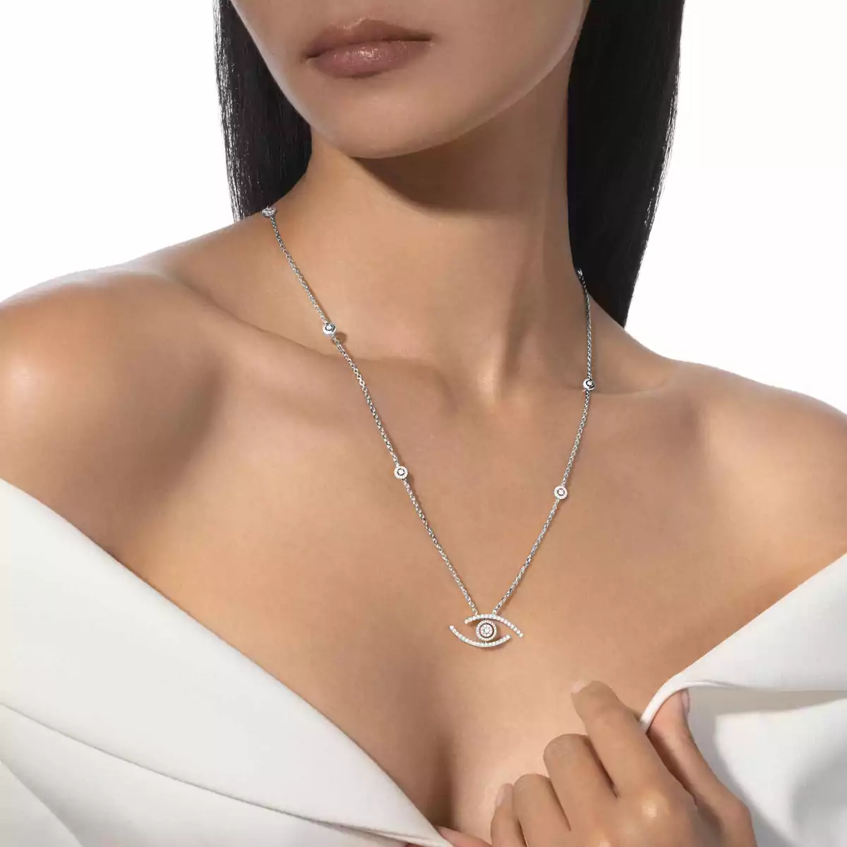 Lucky Eye Diamond PavÃ© Long Necklace -White Gold Diamond Necklace